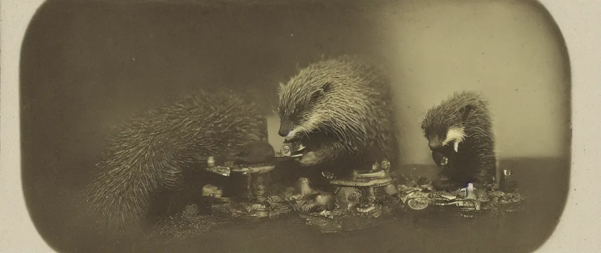 Image similar to detailed daguerreotype of a honey badger as watchmaker in workshop, stempunk vintage style, wet collodion, stempunk, sepia, monochrome black and white, artistic photo from late xix century, high resolution, dark atmosphere, gum bichromate