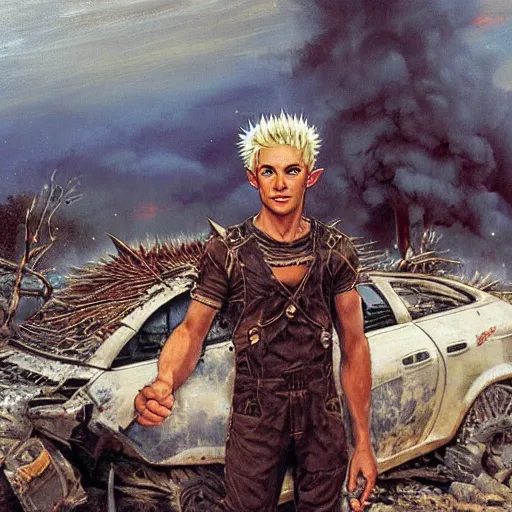 Image similar to an elf with spiky blonde hair wearing dark brown overalls and holding dynamite standing next to a destroyed car, painting by Gerald Brom