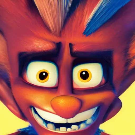 Image similar to upclose portrait of crash bandicoot making a crazy face, digital art, light pastel colors, by hirohiko araki, very detailed picture with lots of emotion, trending on artstation, high fidelity, 8 k, has a very realistic look to it, hyper realism