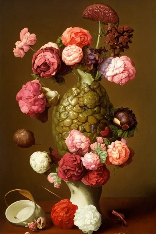 Image similar to painting of chocolate flowers in a vase on a table, by rachel ruysch, pop surrealism, biomorphic, made of sweet delicious texture