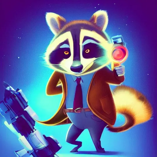 Image similar to “ racoon in the style of zootopia holding laser gun, floating alone, with a black background, digital art, award winning, trending on art station, retro style ”