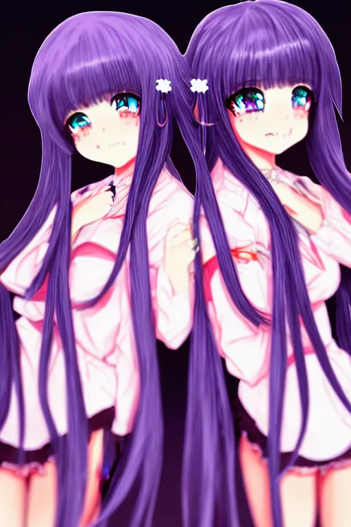 Image similar to two beautiful female idols with twintails facing each other, dark background, detailed anime art
