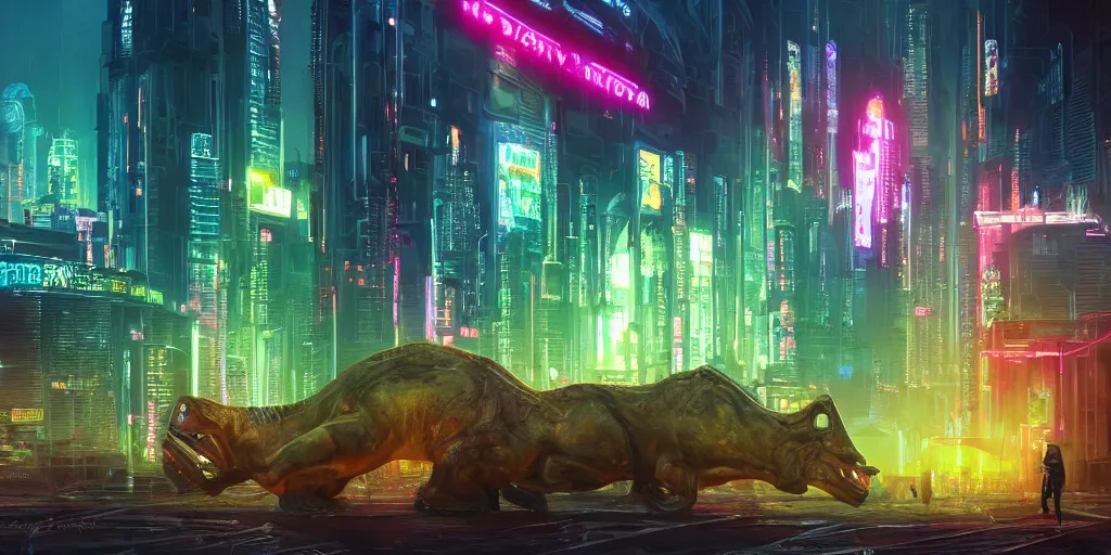 Image similar to a beautiful painting of a lush cyberpunk city with a single dinosaur grazing in the foreground by ridley scott, vivid colours, cinematic lighting, fine details, 8 k | | digital artwork made by greg rutswork, anna dittmann and lois van barlee, symmetrical neon rim light, anatomically correct