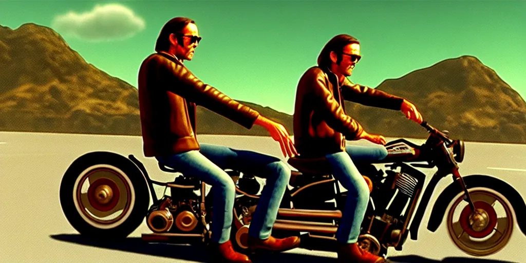 Image similar to easy rider motorcycle movie poster with henry fonda and dennis hopper : : on the road : : unreal engine, detailed