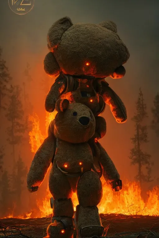 Image similar to giant mech teddybear robot walking through burning forest, dystopian, sci-fi, extremely detailed, digital painting, sculpted in zbrush, artstation, smooth, sharp focus, illustration, chiaroscuro lighting, golden ratio, incredible art, artgerm