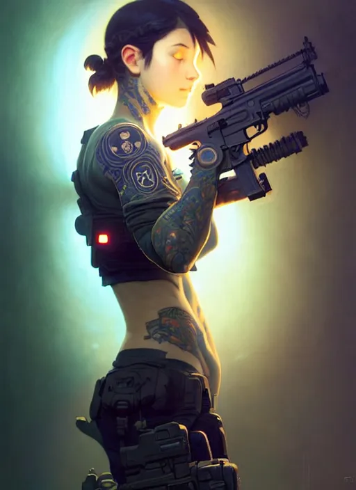 Image similar to girl covered with tattoos wearing tactical gear, intricate lights, bio luminescent, plasma, by ruan jia and artgerm and range murata and wlop and ross tran and william - adolphe bouguereau and beeple. key art. fantasy illustration. award winning, artstation, intricate details, realistic, hyperdetailed, 8 k resolution.