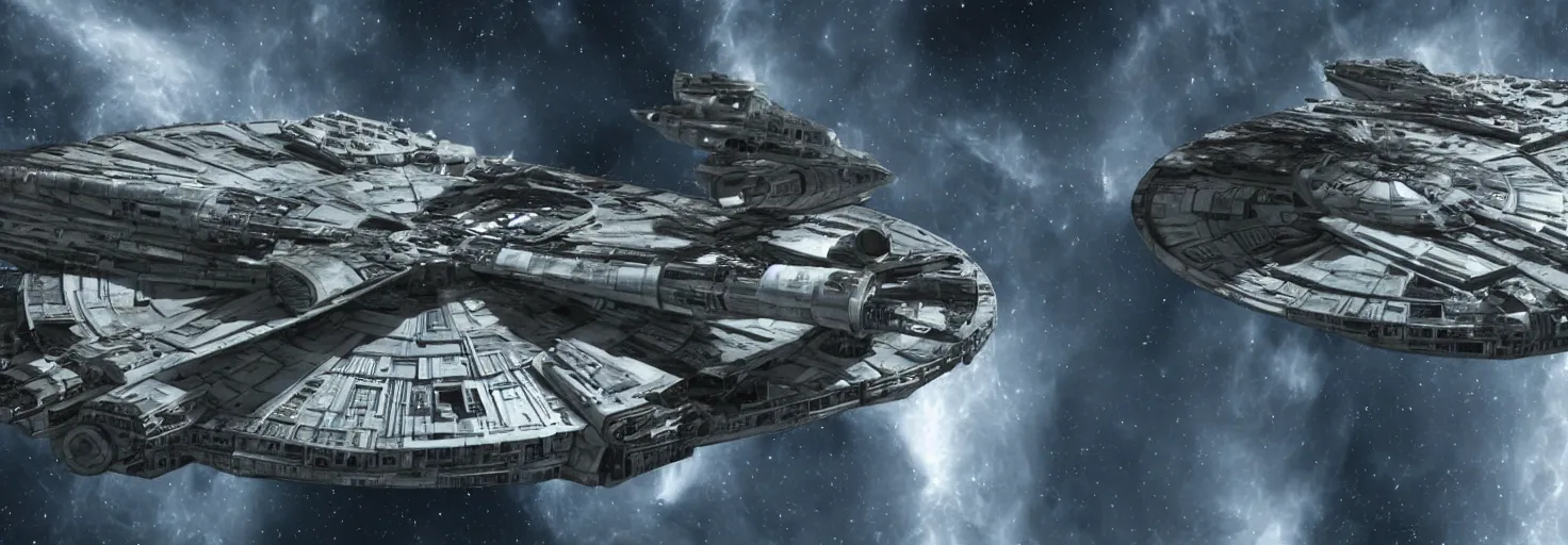 Image similar to star wars millenium falcon entering the death star gigantism