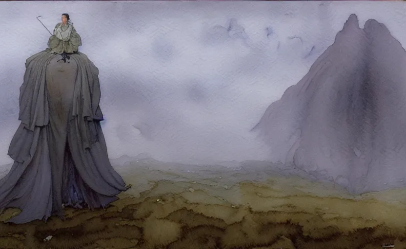 Image similar to a hyperrealist watercolour character concept art portrait of a giant grey brick floating in the air. it is a misty night on the moors of ireland. by rebecca guay, michael kaluta, charles vess and jean moebius giraud