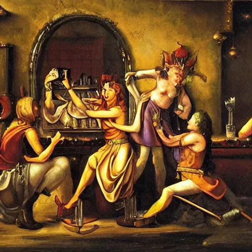 Image similar to baroque oil painting of an elven bar fight