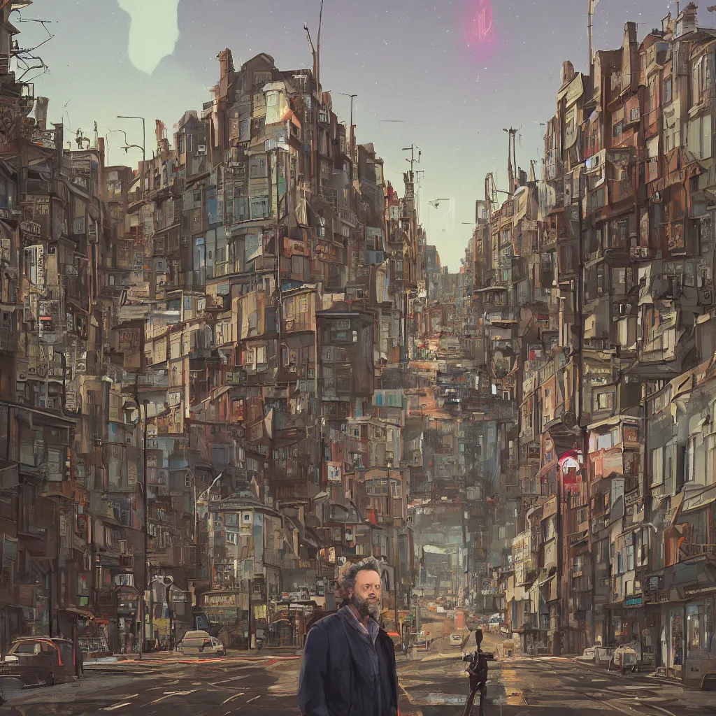 Image similar to portrait of michael sheen on a typical london street in the background, highly detailed, digital painting, artstation, concept art, illustration, art by simon stalenhag