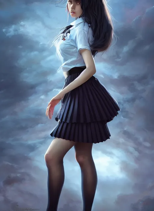 Image similar to a beautiful woman with school uniform, seifuku, pleated miniskirt, overknee socks, adriana lima, painted by artgerm and tom bagshaw, fantasy art, dramatic lighting, highly detailed oil painting, volumetric lighting