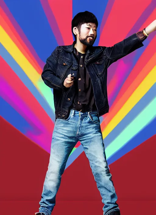 Image similar to japanese man with short hair and a beard wearing denim and leather clothes dancing next to a rainbow, full body portrait, dynamic lighting