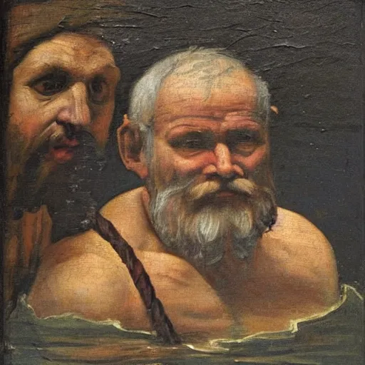 Prompt: a renaissance oli painting of an old man in a skiff at sea. The old man is the center of the painting, and the focus of the composition. He is shown in profile, with his back to the viewer. He is leaning back, using all his strength to reel in the marlin. His face is sweaty and strained, and his arms are shaking. The marlin is huge, and its body is thrashing around in the water. The boat is small and insignificant compared to the marlin, and it is being pulled towards the fish. The painting is rendered in a realistic style, with accurate details and lifelike colors. The brushwork is loose and expressive, conveying the movement and energy of the scene. The overall effect is one of drama and suspense. The water in the painting is a deep blue color. It is choppy and turbulent, reflecting the struggle of the old man and the marlin.