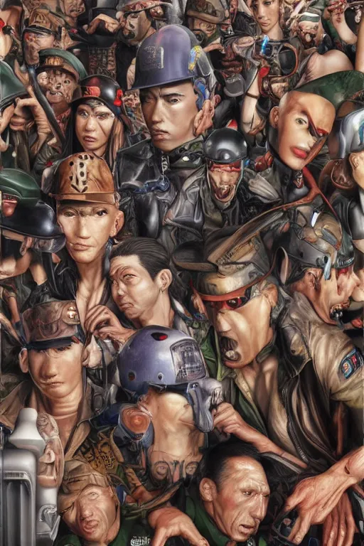 Prompt: place full of tunnel rats - pop art, hyperrealistic, detailed by artgerm and richard hamilton and mimmo rottela and bob rafei and kazuma kaneko and bengus and yoshitaka amano, face features, human anatomy features, sharp focus, realistic detail human composition, anatomy models details, multicultural race