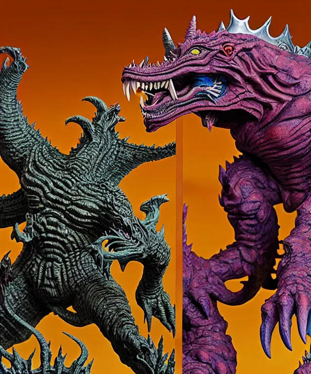 Image similar to a hyperrealistic rendering of an epic boss fight against an ornate king emporer kaiju beast god by art of skinner and richard corben, product photography, collectible action figure, sofubi