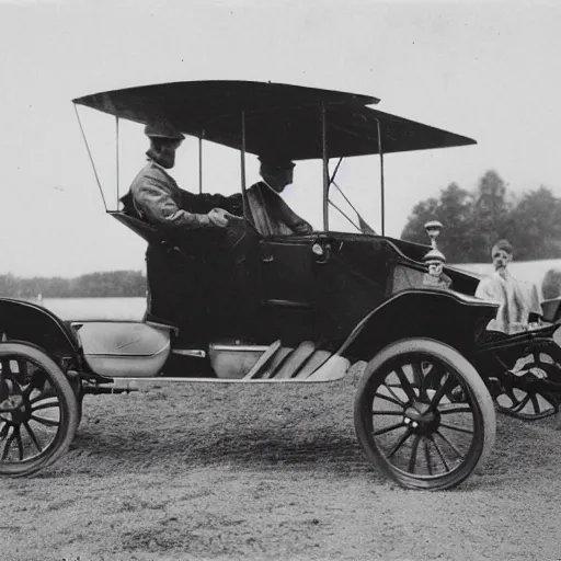 Prompt: an oldie car with wings and horse black-white retro photo 1910, man in front