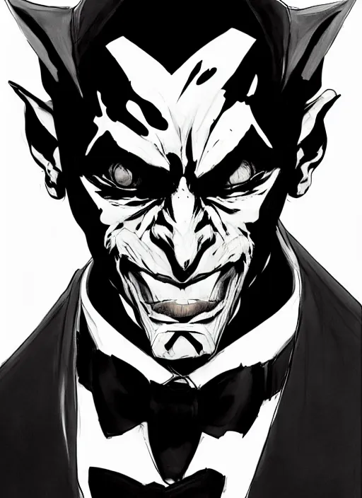 Prompt: portrait of an handsome goblin in a tuxedo. in style of yoji shinkawa and hyung - tae kim, trending on artstation, dark fantasy, great composition, concept art, highly detailed, dynamic pose, vibrant colours.
