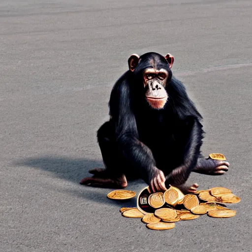 Image similar to a 5 0 mm photo of a chimpanzee in a business suit picking up pennies on a street in manhattan, hyperrealistic