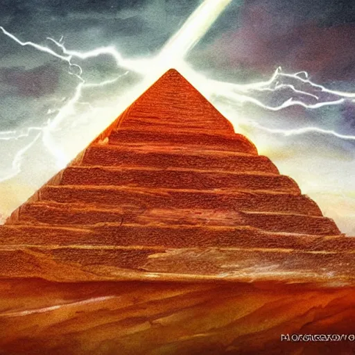 Prompt: Helios muscular god, red fire eyes, guarding the pyramid of Cheops, dessert, ancient world, realistic, god, dramatic lightning, very detailed, concept art,