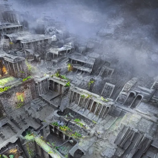 Image similar to A realistic detailed photo of an ancient city, rocks coming out of the ground, fire, dead peoples, destroyed city, foggy landscape, light particles, detailed light, realistic shaders, trending on artisation, detailed textures, detailed, realistic.