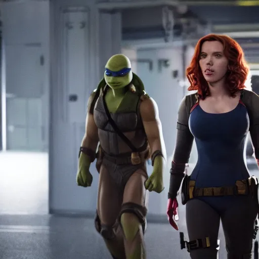 Image similar to scarlett johansson playing april o'neil in the 2 0 2 4 remake of teenage mutant ninja turtles, movie still, 8 k, # nostalgia