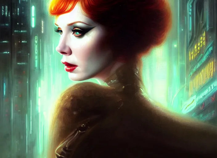 Image similar to portrait shot of christina hendricks in bladerunner wearin a cyberpunk costume, intricate, elegant, highly detailed, centered, digital painting, artstation, concept art, smooth, sharp focus, illustration, artgerm, tomasz alen kopera, peter mohrbacher, donato giancola, joseph christian leyendecker, wlop, boris vallejo