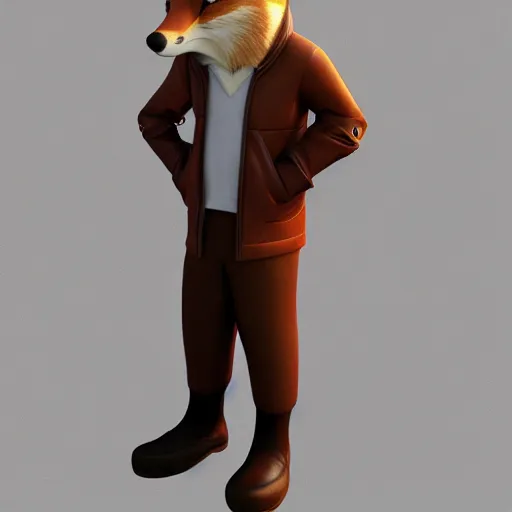 Prompt: 3 d render, anthropomorphic fox, male, in a brown leather maxi jacket, in the style of zootopia