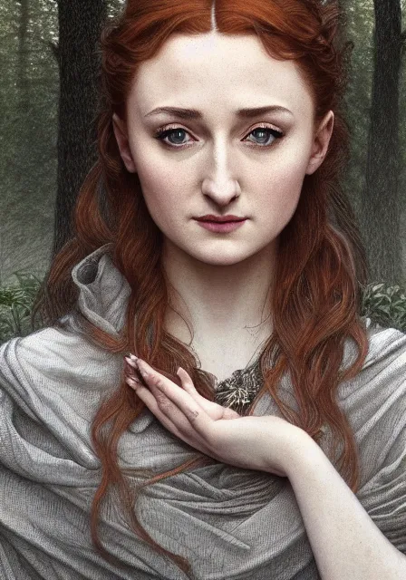 Prompt: portrait of sansa stark in gray dress, foggy forest, autumn, intricate, elegant, highly detailed, digital painting, artstation, concept art, smooth, sharp focus, illustration, art by artgerm and greg rutkowski and alphonse mucha and william - adolphe bouguereau