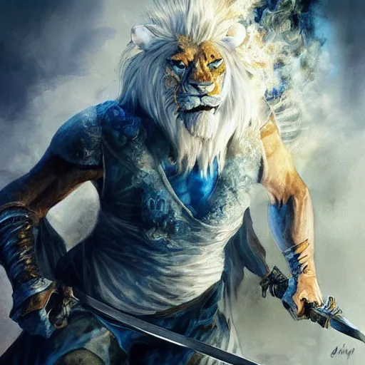 Prompt: Lionman with white hair walking away from a burning city, full body art, wielding a longsword with blue gemstones lining the blade, Painted By Aleksi Briclot, Dim Lighting