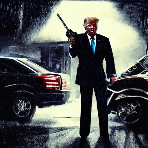 Image similar to joe biden as the terminator shooting Donald Trump with a shotgun, cinematic, establishing shot, extremly high detail, photorealistic, cinematic lighting, artstation, style by James Gurney