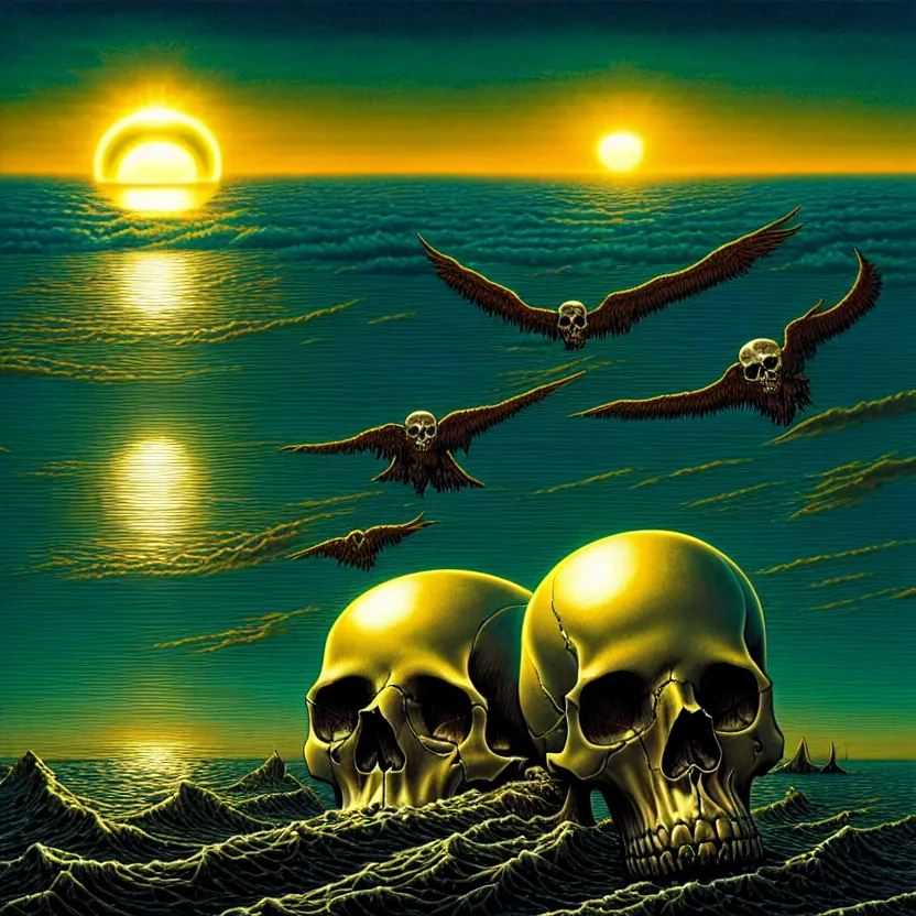 Image similar to a skull that is the sun rising just above the horizona over the sea by dan mumford and vladimir kush and donato giancola and ted withers and peter driben and brom and roberto ferri, green water, highly detailed, high contrast, intricate details, blended palette