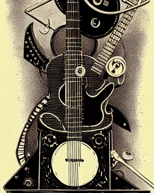 Prompt: a majestic steampunk alchemists guitar leaning on an guitar amp, two point perspective, furniture, high details, bold line art, by vincent di fate and joe fenton, inking, etching, screen print, masterpiece, trending on artstation, sharp, high contrast, hyper - detailed,, hd, 4 k, 8 k