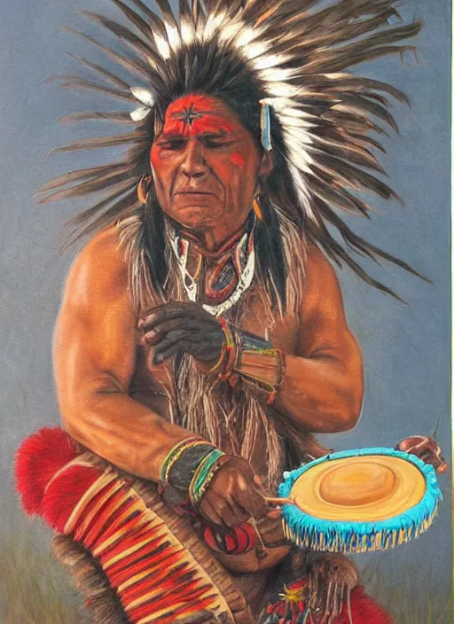 Prompt: a realistic painting of indigenous man playing shamanic drum, highly detailed, fantasy art