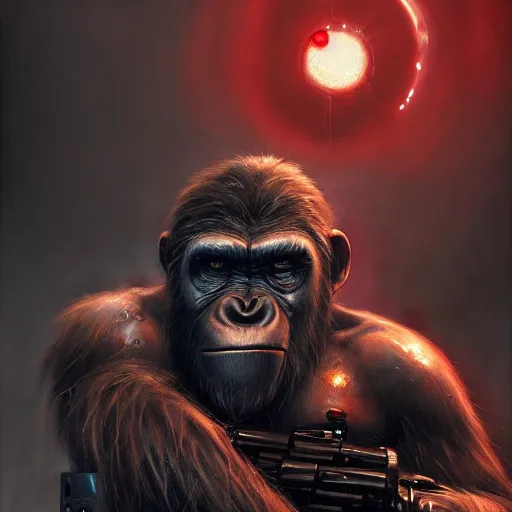 Prompt: a biomechanical cyborg ape with a scar on his eye, planet of the apes, with one red glowing eye sitting on top of a tank, hero character art, scars, by chris leib and greg rutkowski and android jones in a dark fantasy cyberpunk style, oil on canvas, dramatic lighting, raytracing, 8k, hd.