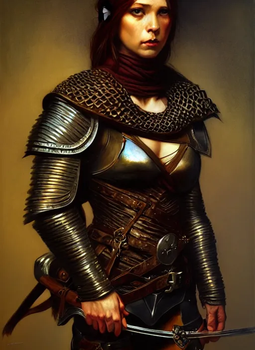 Prompt: female thief, leather armor, full body, hyper realistic, extremely detailed, dnd character art portrait, dark fantasy art, intricate fantasy painting, dramatic lighting, vivid colors, deviantart, artstation, by edgar maxence and caravaggio and michael whelan and delacroix.