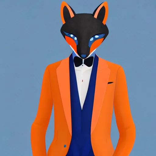 Prompt: Young man wearing an orange-gala-fox-mask, darkblue suit and had a fluffy foxtail, digital art, detailed