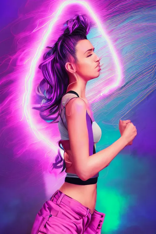 Image similar to a award winning half body portrait of a beautiful woman in a croptop and cargo pants with ombre purple pink teal hairstyle and hands in pockets by ari liloan, surrounded by whirling illuminated lines, outrun, vaporware, shaded flat illustration, digital art, trending on artstation, highly detailed, fine detail, intricate