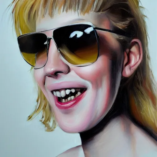 Prompt: portrait painting of woman from scandinavia, teenager, blonde hair, daz, occlusion, smiling and looking directly, cool sunglasses, brushstrokes, white background, art by enki bilal