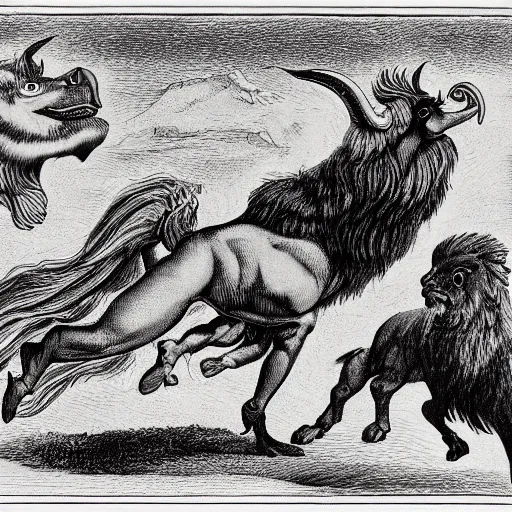 Image similar to a creature with the body and eyes of a man, with the beak of an eagle, the mane of a lion, and the horns of an ox. drawn by francis bacon