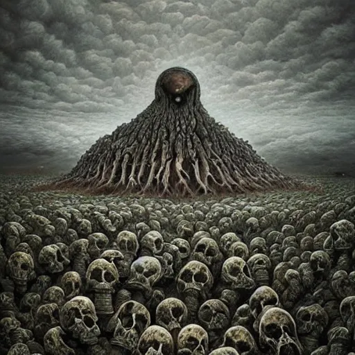 Prompt: a hyperrealistic painting of a psychedelic landscape, structures made of human skulls, by anton semenov and santiago caruso, highly detailed, vivid color,