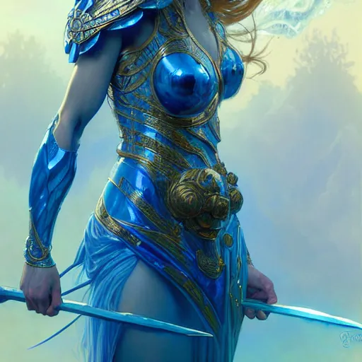 Image similar to a goddess of water wearing blue armor, with arms and hair turning into water, fantasy, intricate, elegant, highly detailed, digital painting, artstation, concept art, wallpaper, smooth, sharp focus, illustration, art by artgerm and greg rutkowski and alphonse mucha