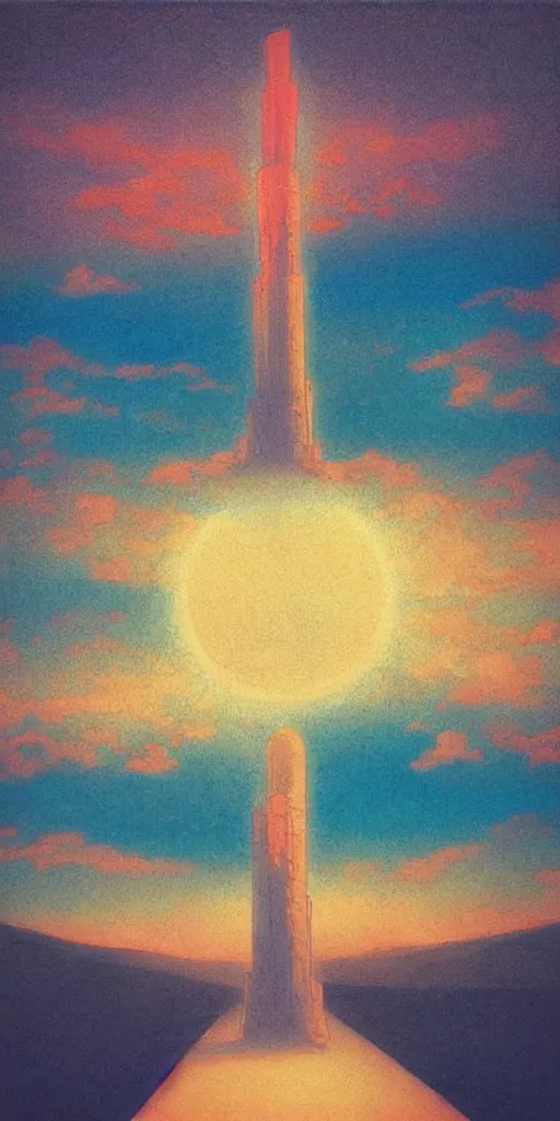 Image similar to “ a landscape pastel in the style of noriyoshi ohrai of an ancient holy tower, it has iridescent mana radiating from it. it is centered. the background is the sky at night. retrofuturistic fantasy ”