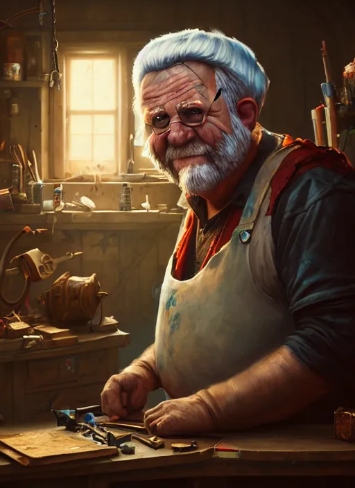 Image similar to An epic fantasy comic book style portrait painting of a an old tinker fat man working on a device in her workshop, unreal 5, DAZ, hyperrealistic, octane render, cosplay, RPG portrait, dynamic lighting