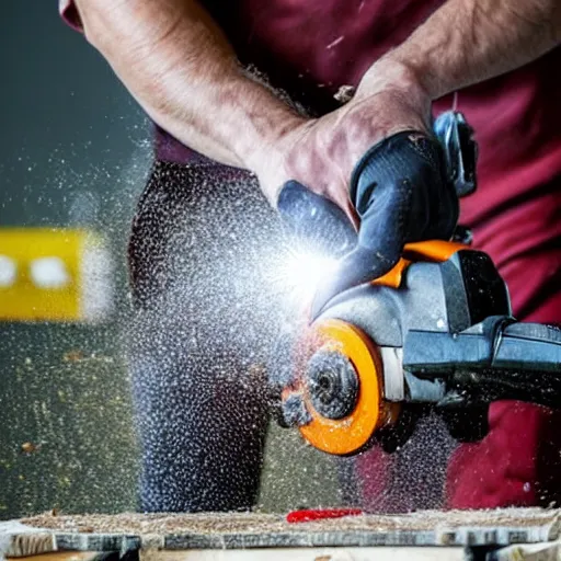 Prompt: man with chainsaw cutting a book in half, dust flying