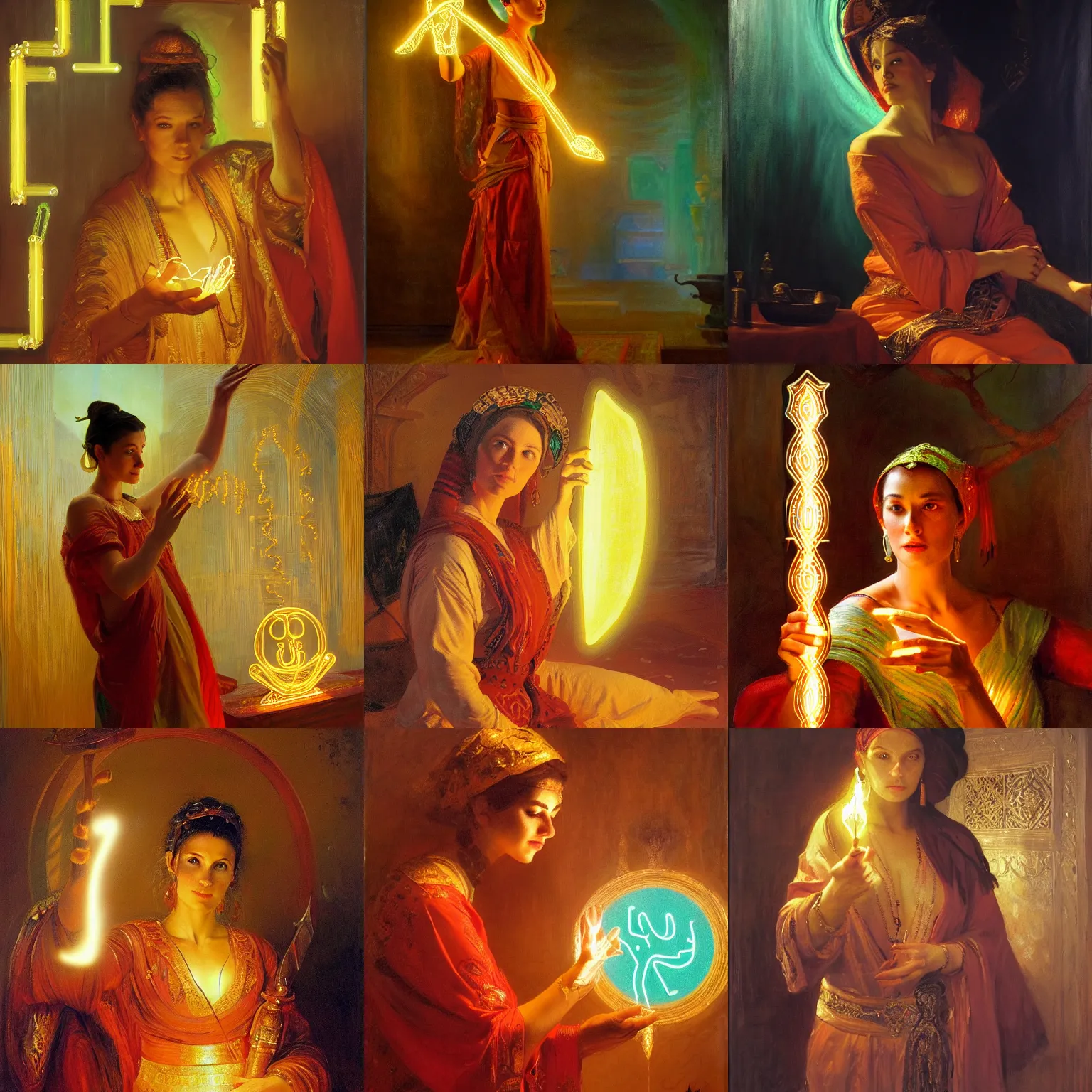 Prompt: orientalist portrait of a sorceress casting a glowing neon glyph by Nasreddine Dinet and Theodore Ralli and Jean Discart and Anders Zorn, masterful intricate artwork. Oil on canvas, excellent lighting, high detail 8k