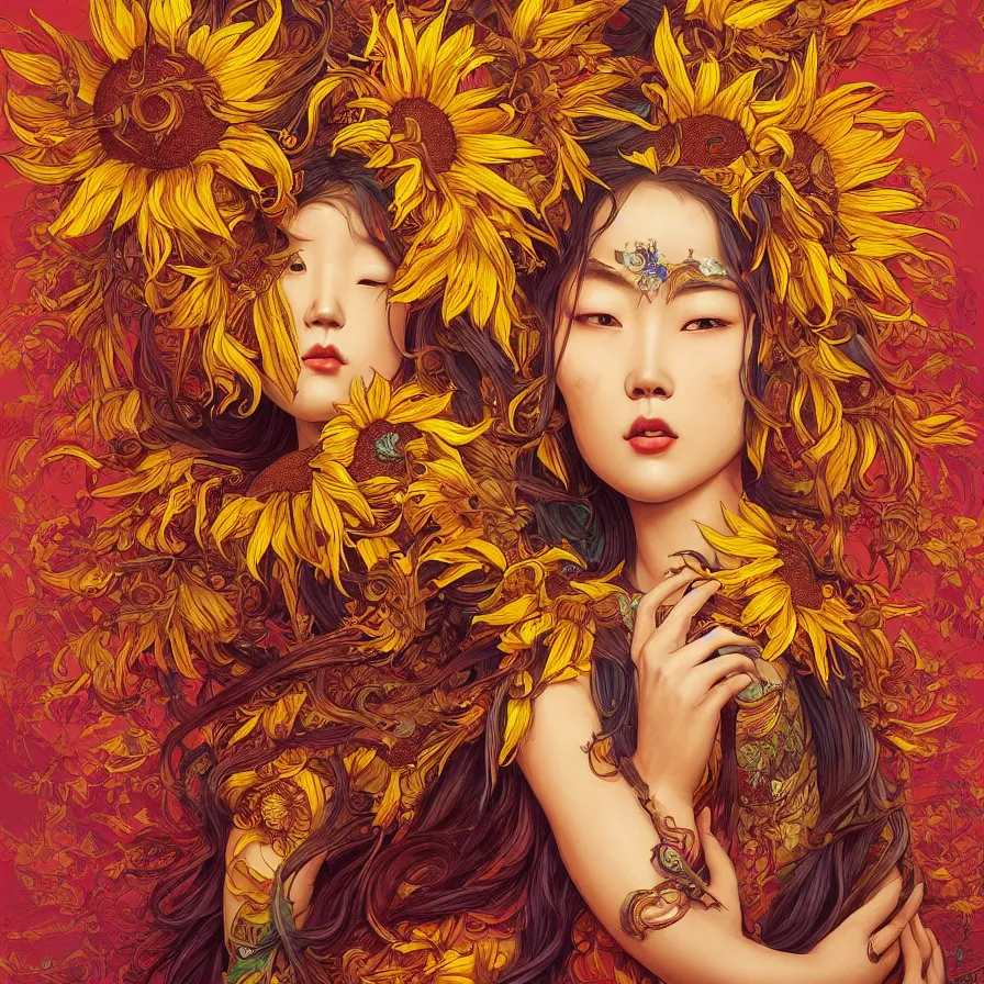 Image similar to Sunflower Chinese goddess-queen, colourful, surreal, dramatic lighting, face, detailed, intricate, elegant, highly detailed, digital painting, artstation, concept art, smooth, sharp focus, illustration, art by Sam Spratt, Dan Mumford, Artem Demura and Alphonse Mucha