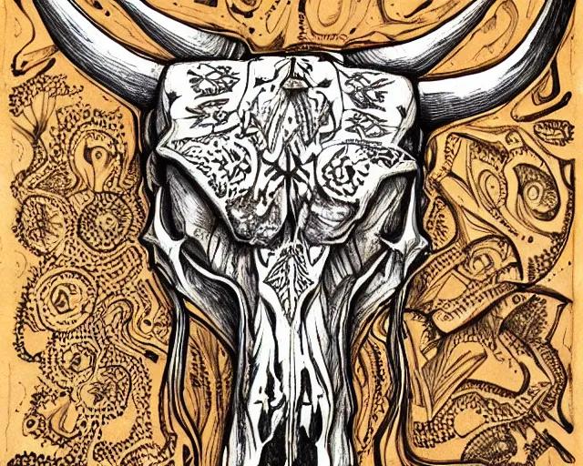 Prompt: Longhorn Skull, skull bone carved with patterns, wild wild west, tritone, mixed media, fine linework, pen and ink, symmetry