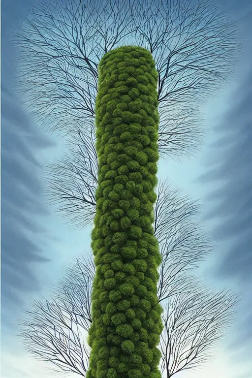 Prompt: a pompom tree with a ( trunk taller than a skyscraper ) and extremely long!! branches, viewed from below, digital illustration by chris van allsburg and artgerm, surreal, photorealistic