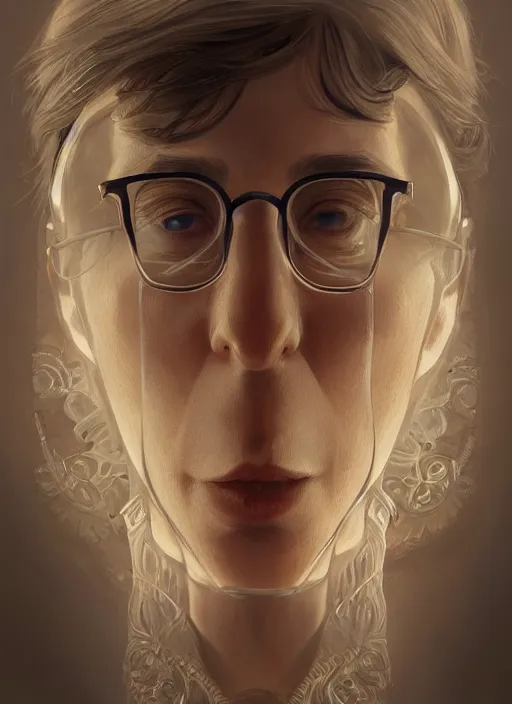 Image similar to symmetry!! woody allen, machine parts embedded into face, intricate, elegant, highly detailed, digital painting, artstation, concept art, smooth, sharp focus, illustration, art by artgerm and greg rutkowski and alphonse mucha, 8 k