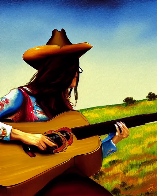 Image similar to a painting of a cowgirl playing a guitar and singing outdoors with texas hill - country in background, in the style of casey baugh, digital art